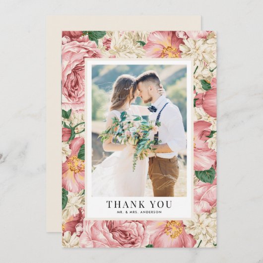 ヴィンテージ赤面とアイボリーの花結婚の写真 サンキューカード (正面/裏面)
