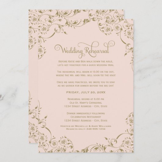 ヴィンテージ赤面とアンティーク金ゴールド結婚のリハーサル 招待状 (正面/裏面)