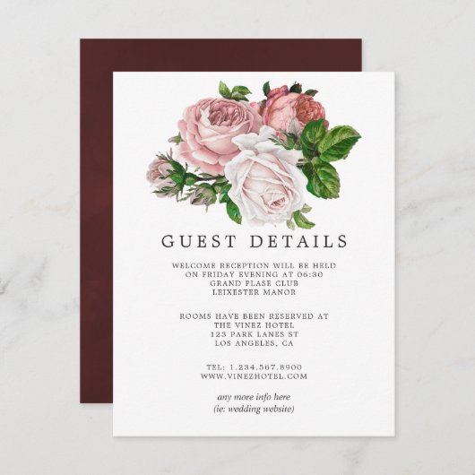 ヴィンテージ赤面とブルグンディ結婚ズゲスト詳細 エンクロージャーカード (正面/裏面)
