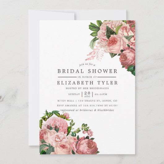 ヴィンテージ赤面とブルゴーニュフローラブライダルシャワー 招待状 (正面)