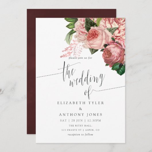 ヴィンテージ赤面とブルゴーニュフローラ結婚式の招待 招待状 (正面/裏面)