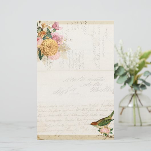 ヴィンテージ赤面と金ゴールドバラと鳴鳥星 便箋 (スタンド正面)