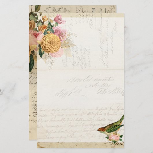 ヴィンテージ赤面と金ゴールドバラと鳴鳥星 便箋 (正面/裏面)