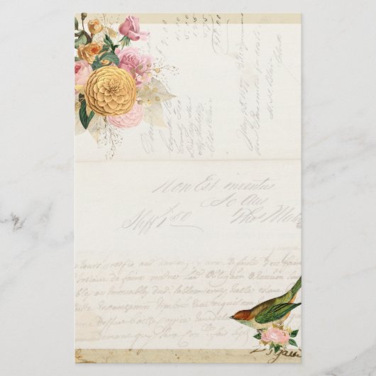 ヴィンテージ赤面と金ゴールドバラと鳴鳥星 便箋 (正面)