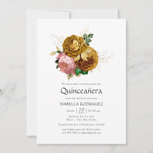 ヴィンテージ赤面と金ゴールドフローラスペインのキンセニェラ 招待状 (正面)