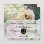 ヴィンテージ赤面イエローピーニーアジサイバラフローラ 招待状 (正面/裏面)