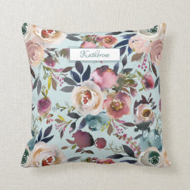 ヴィンテージ赤面クリームグリーンカスタムフローラ水彩 クッション