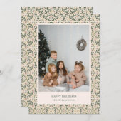 ヴィンテージ赤面グリーンフローラタイル写真クリスマス シーズンカード (正面/裏面)