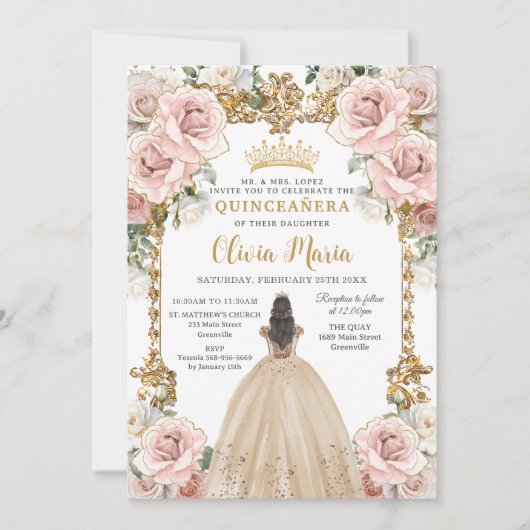 ヴィンテージ赤面シャンパンフローラドレスキンセアニェラ 招待状 (正面)