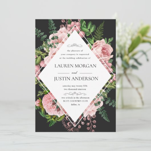 ヴィンテージ赤面バラエレガントウェディング招待状 招待状 (スタンド正面)