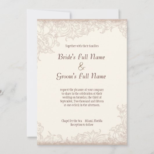 ヴィンテージ赤面バラフローラレーススワール結婚ズ 招待状 (正面)