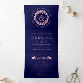 ヴィンテージ赤面バラリースネイビー結婚ブルー 三つ折り招待状