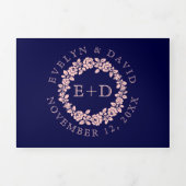 ヴィンテージ赤面バラリースネイビー結婚ブルー 三つ折り招待状 (カバー)