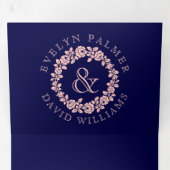 ヴィンテージ赤面バラリースネイビー結婚ブルー 三つ折り招待状 (内部最初)