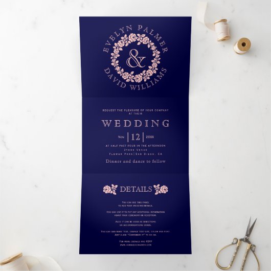 ヴィンテージ赤面バラリースネイビー結婚ブルー 三つ折り招待状 (内部)