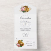 ヴィンテージ赤面ピンクと金ゴールドフローラクインセアニラ オールインワン招待状 (内側)