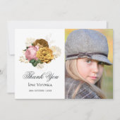 ヴィンテージ赤面ピンクと金ゴールドフローラクインセアニラ サンキューカード (正面)