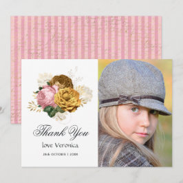 ヴィンテージ赤面ピンクと金ゴールドフローラクインセアニラ サンキューカード