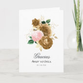 ヴィンテージ赤面ピンクと金ゴールドフローラクインセアニラ サンキューカード (正面)