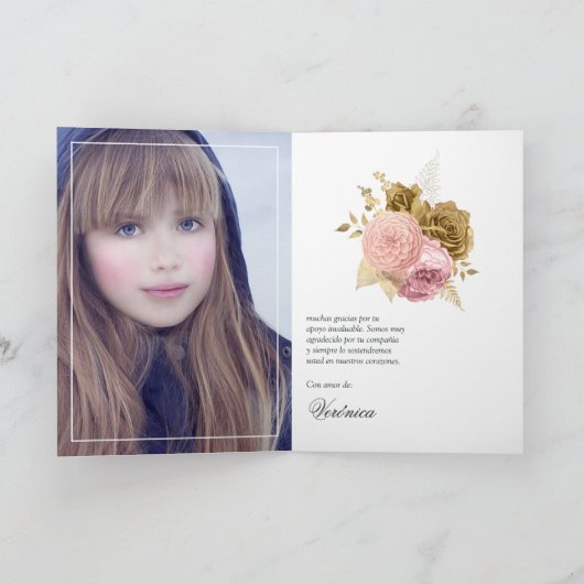 ヴィンテージ赤面ピンクと金ゴールドフローラクインセアニラ サンキューカード (内部)