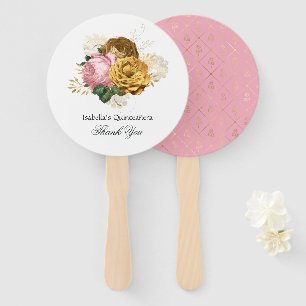 ヴィンテージ赤面ピンクと金ゴールドフローラクインセアニラ ハンドファン