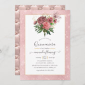 ヴィンテージ赤面ピンクと金ゴールドマスカレードキンセアニラ 招待状 (正面/裏面)