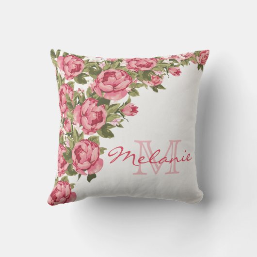 ヴィンテージ赤面ピンクのバラ牡丹の名前,モノグラム クッション (裏面)