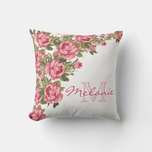 ヴィンテージ赤面ピンクのバラ牡丹の名前，モノグラム クッション (正面)