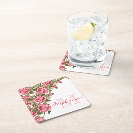 ヴィンテージ赤面ピンクのバラ牡丹の名前，モノグラム スクエアペーパーコースター (インサイチュ)