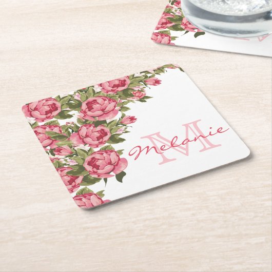 ヴィンテージ赤面ピンクのバラ牡丹の名前,モノグラム スクエアペーパーコースター (アングル)