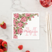 ヴィンテージ赤面ピンクのバラ牡丹の名前，モノグラム スタンダードカクテルナプキン (インサイチュ)