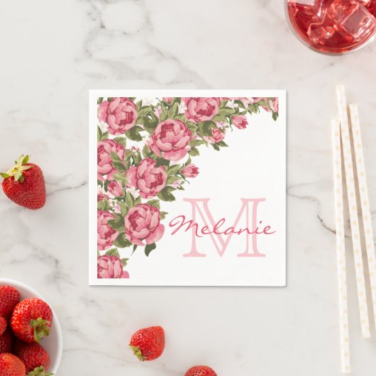 ヴィンテージ赤面ピンクのバラ牡丹の名前,モノグラム スタンダードカクテルナプキン (インサイチュ)