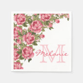 ヴィンテージ赤面ピンクのバラ牡丹の名前,モノグラム スタンダードカクテルナプキン (正面)