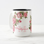 ヴィンテージ赤面ピンクのバラ牡丹の名前，モノグラム ツートーンマグカップ (正面左)