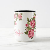 ヴィンテージ赤面ピンクのバラ牡丹の名前，モノグラム ツートーンマグカップ (中央)