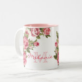 ヴィンテージ赤面ピンクのバラ牡丹の名前，モノグラム ツートーンマグカップ (正面左)