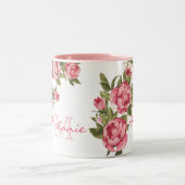 ヴィンテージ赤面ピンクのバラ牡丹の名前，モノグラム ツートーンマグカップ (中央)