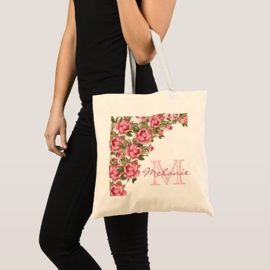 ヴィンテージ赤面ピンクのバラ牡丹の名前，モノグラム トートバッグ (正面(商品))