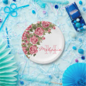 ヴィンテージ赤面ピンクのバラ牡丹の名前，モノグラム ペーパープレート (パーティー)