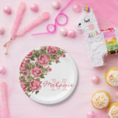 ヴィンテージ赤面ピンクのバラ牡丹の名前，モノグラム ペーパープレート (パーティー)