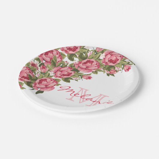ヴィンテージ赤面ピンクのバラ牡丹の名前，モノグラム ペーパープレート (アングル)