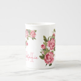 ヴィンテージ赤面ピンクのバラ牡丹の名前，モノグラム ボーンチャイナマグカップ
