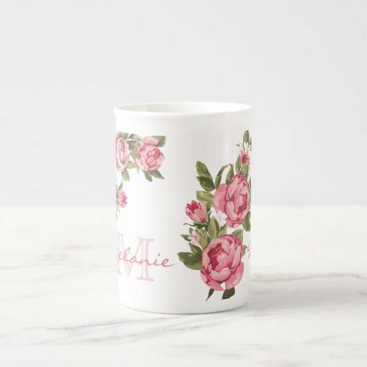 ヴィンテージ赤面ピンクのバラ牡丹の名前,モノグラム ボーンチャイナマグカップ (正面)
