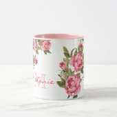 ヴィンテージ赤面ピンクのバラ牡丹の名前，モノグラム マグカップ (中央)