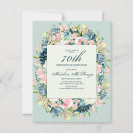 ヴィンテージ赤面ピンクアイボリーフローラミント70誕生日 招待状