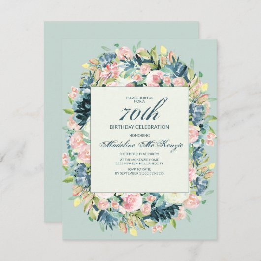ヴィンテージ赤面ピンクアイボリーフローラミント70誕生日 招待状 (正面/裏面)