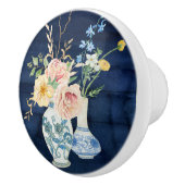 ヴィンテージ赤面ピンクイエローフラワースルネービーブルーウッド セラミックノブ (右)