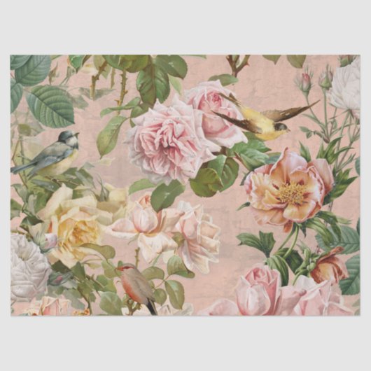 ヴィンテージ赤面ピンクイエローローズボタニカルバード 薄葉紙 (正面)