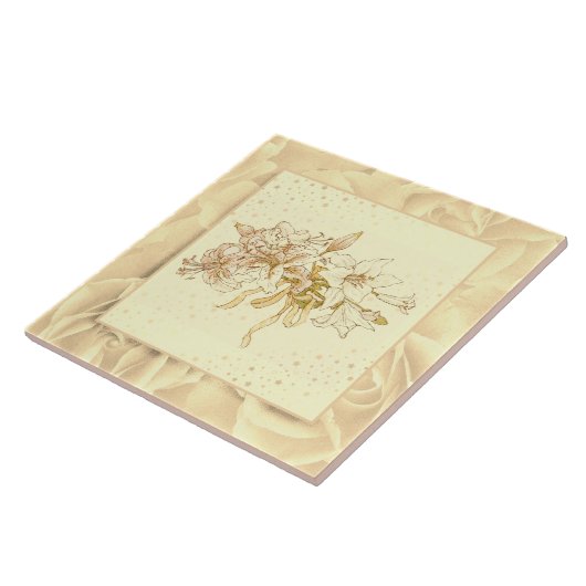 ヴィンテージ赤面ピンクグリーンとイエローフラワー タイル (側面)