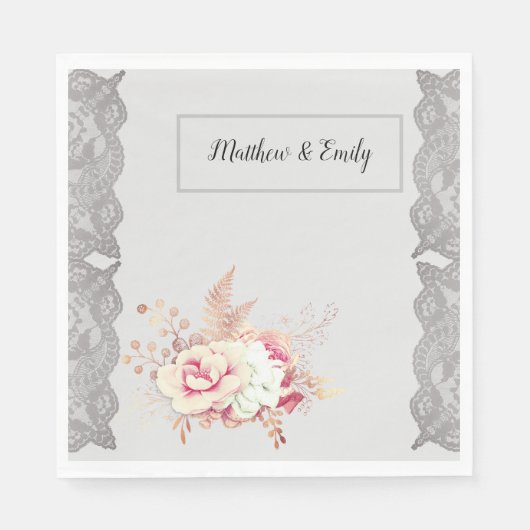 ヴィンテージ赤面ピンクグレーフローラレース スタンダードランチョンナプキン (正面)